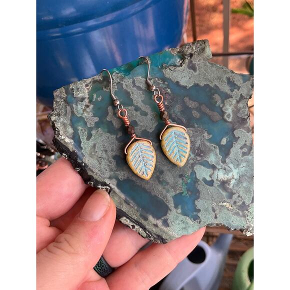 Elvin Czech Leaves, Wire Wrapped Earrings - Picture 5 of 11